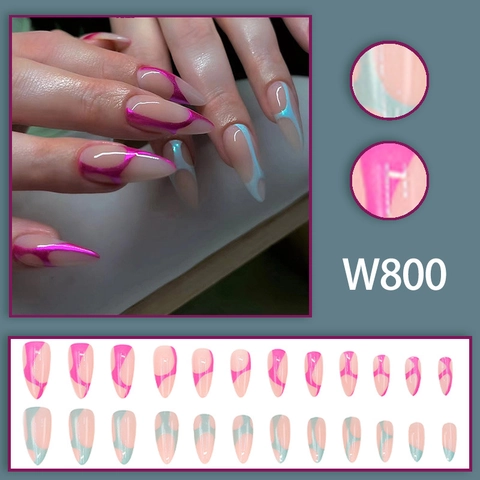 Long Almond Press On Nails Aurora Metallic Dual Color Rose Red Lake Green Glossy Artificial Fashionable Nail Tips