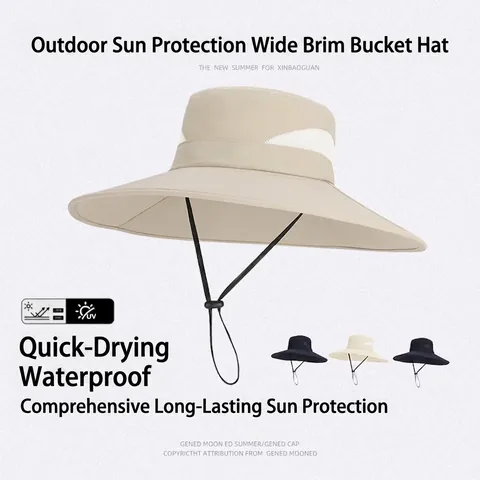 Outdoor Sun Hat Waterproof Quick Dry Polyester Wide Brim Breathable Mesh Bucket Hat With Chin Strap For Fishing Hiking