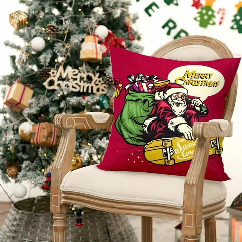 Housse De Coussin De Noël Polyester Père Noël Avion Dessin Animé Décorative Taie D Oreiller Pour Salon Maison