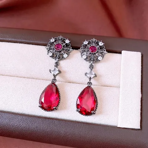 Vintage Palace Style Drop Earrings Copper Zircon Red Stone Hollow Flower Silver Earring Post Luxury For Women