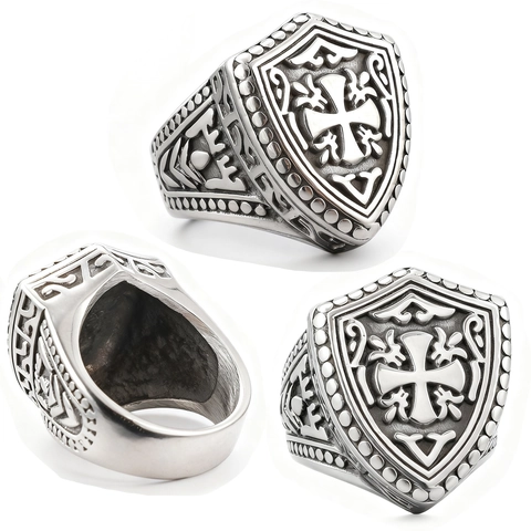 Anillo Sigillo Scudo Vintage Acciaio Inossidabile Incisione Croce Totem Retrò Gioielli Gothic Punk Per Uomo
