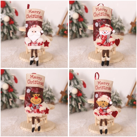 Calza Di Natale 3D Babbo Natale Pupazzo Di Neve Renna Orso Lino Tessuto Non Tessuto Appesa Decorazione Camino Albero