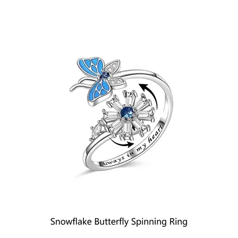 Butterfly Snowflake Anxiety Spinner Ring Copper Zirconia Enamel Always In My Heart Engraved Adjustable For Women