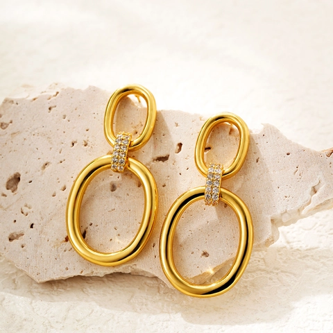 Ineinandergreifende Doppelte Ovale Ring Ohrringe 18K Vergoldeter Edelstahl Zirkonia Geometrische Hängeohrringe Schmuck Damen