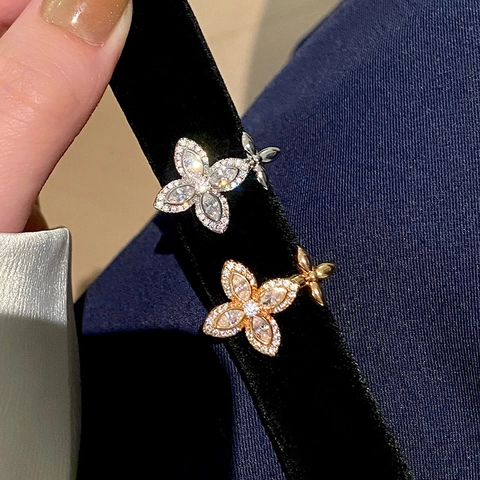 Anillo Ajustable De Flor Y Circón Estilo Francés Cobre Zirconia Cúbica Joyería Elegante De Mariposa Para Mujer