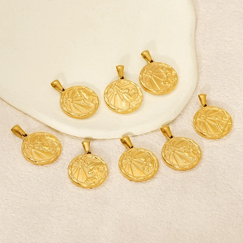 Twelve Zodiac Sign Round Pendant Stainless Steel Gold Plated Sunburst Relievo Vintage Constellation Charm Jewelry For Men Women