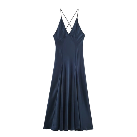 Satin Maxi Dress Women Sexy Deep V Neck Backless Cross Spaghetti Strap Elegant Solid Color Vacation Party Long Dress