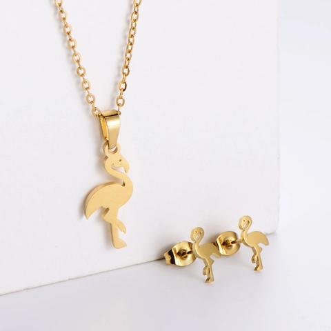 Elegante Flamingo Anhänger Halskette Und Ohrstecker 18K Vergoldet 316 Edelstahl Hohl Tier Schmuck Für Damen