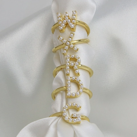 Elegant 18K Gold Plated Brass Artificial Pearl Alphabet Initial Open Ring Minimalist Adjustable Jewelry For Women
