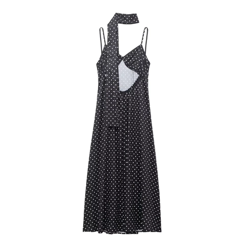 Abito Lungo Maxi A Pois Da Donna Sexy Schiena Scoperta Scollo A V Con Spalline Sottili In Poliestere Con Sciarpa Coordinata