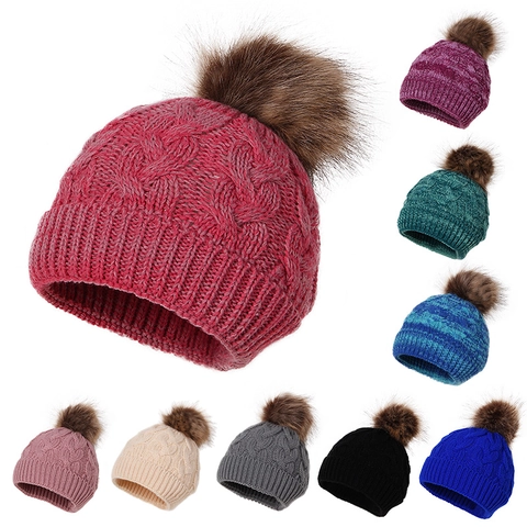 Kids Winter Knit Beanie Hat With Faux Fur Pom Pom Thick Warm Cable Knit Acrylic Various Colors Toddler Baby Infant