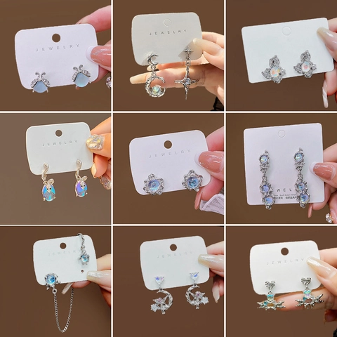 Irregular Faux Opal Moonstone Earrings Alloy Liquid Metal Star Moon Heart Elegant Jewelry With Silver Earring Post