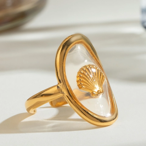 Anillo Abierto De Acero Inoxidable Mujer Chapado En Oro 18K Relieve Concha Resina Transparente Ajustable Océano Verano