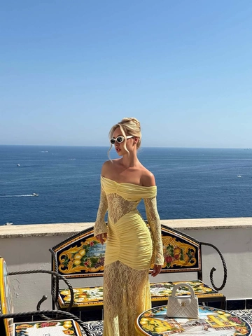 Abito Lungo Patchwork In Pizzo Spalle Scoperte Maniche Lunghe Sexy Vestibilità Aderente Abito Da Sera Per Donna