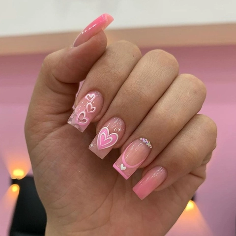 Pink Gradient Press On Nails With 3D Heart Design Rhinestones Long Square French Tips Sweet Style False Nails For Women
