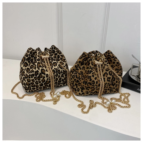 Leopard Print Bucket Bag Fabric Crossbody Shoulder Purse With Gold Metal Chain Strap And Faux Artificial Pearl Charm For Women