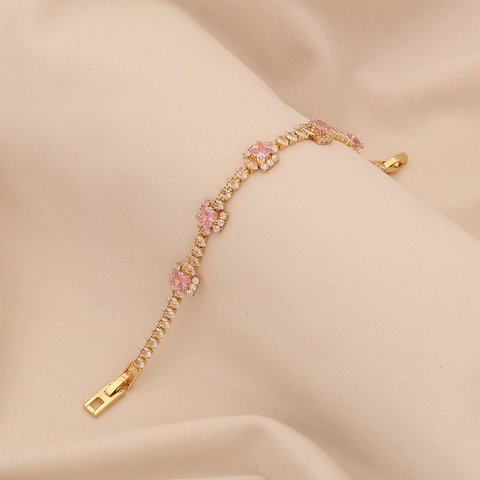 Women Copper Zircon Bracelet Pink White Crystal Floral Folding Clasp Elegant Luxury Jewelry Hand Chain Accessory