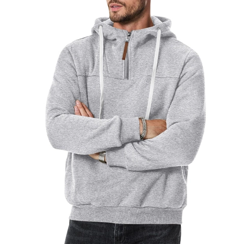 Men's Quarter Zip Hoodie Long Sleeve Polyester Fleece Sweatshirt With White Drawstring Ribbed Cuffs Solid Color Leisure