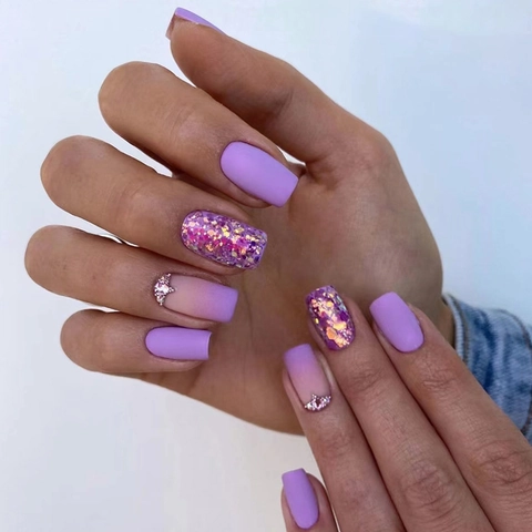 Purple Matte Press On Nails With Rhinestones Glitter Gradient Medium Long Square Fake Nails For Women Elegant Fashion