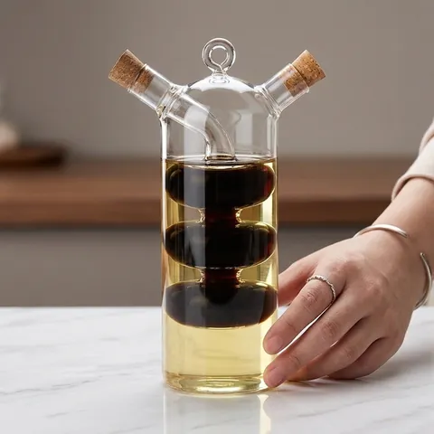 Glass Oil Vinegar Dispenser Bottle With Cork Stoppers Dual Chamber Double Layer Creative Spherical Inner For Kitchen Cooking