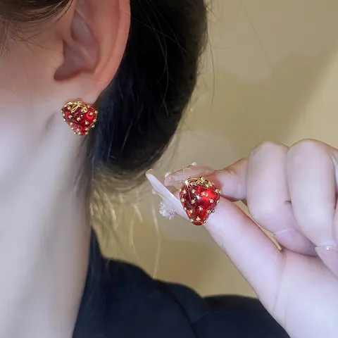 Pendientes De Botón De Fresa Rojos Cobre Con Poste De Plata De Ley 925 Joyas De Frutas Dulces Y Delicadas Para Mujeres