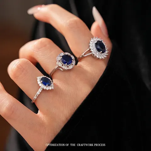 Verstellbarer Offener Ring Kupfer Blau Zirkon Blume Rhombus Hohl Elegant Luxus Vintage Damen Schmuck Geschenk