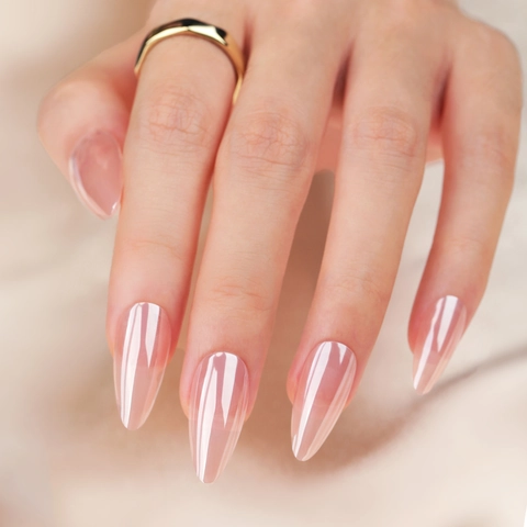 Unghie Finte A Pressione Forma Mandorla Lucido Aurora Rosa Nude Effetto Specchio Copertura Totale Per Donne