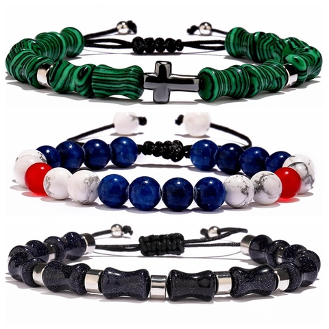 Men Women Beaded Bracelet Natural Stone Agate Malachite Blue Sandstone Cross Charm Adjustable Braided Rope Hand Woven