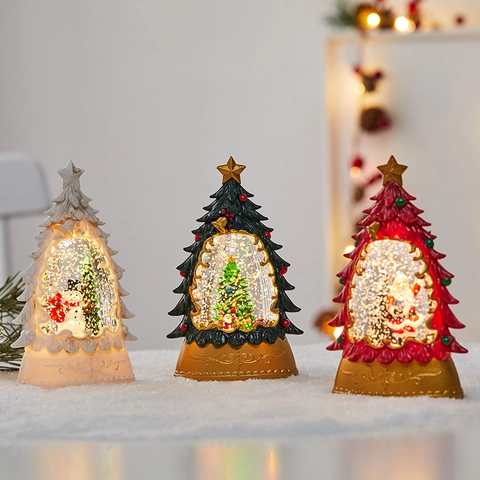Christmas Tree Shaped LED Snow Globe Lamp Water Filled Sparkling Glitter Retro Small Lantern Desktop Holiday Party Decoration