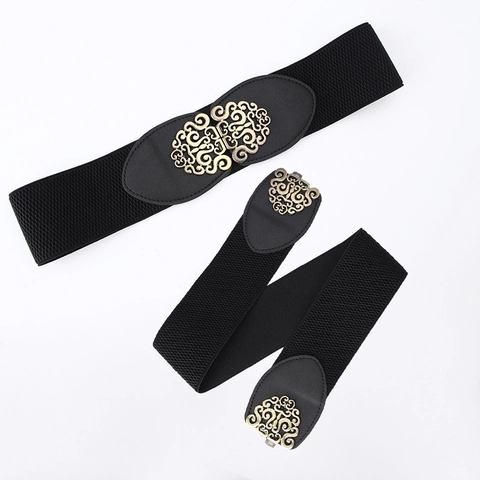 Cinturón de Corsé Elástico Ancho Vintage para Mujer Con Hebilla de Enclavamiento de Aleación Tallada Calada Banda de Cintura de Cuero PU