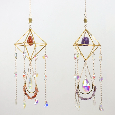 Boho Geometric Crystal Suncatcher Hanging Decor With Natural Stone Prism Rainbow Maker Gold Metal Alloy Window Home