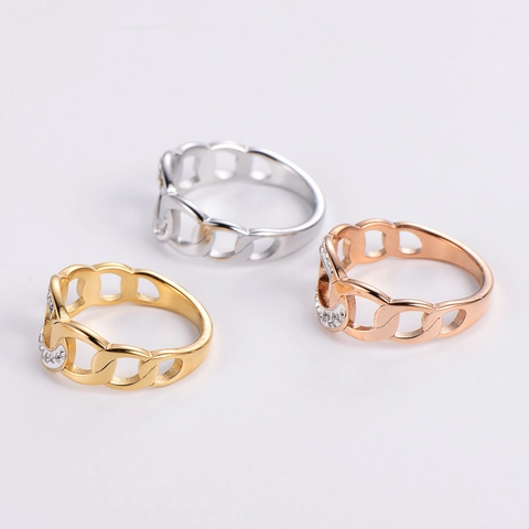 Anello A Catena Cava In Acciaio Inossidabile 304 Con Intarsio In Smalto Bianco Zirconia Gioielli Moda Elegante Regalo Per Donna