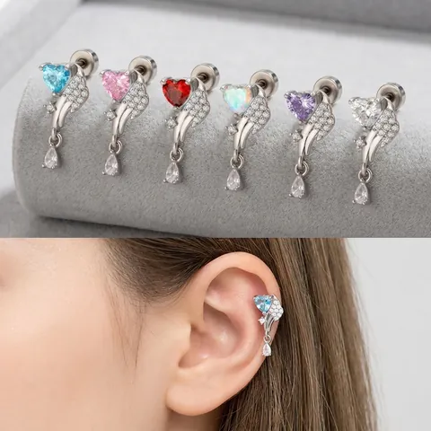 Hart Vleugel Zirkonia Oorkraakbeen Stud Met Titanium Stalen Staaf En Koperen Waterdruppel Hanger Schroefsluiting Piercing