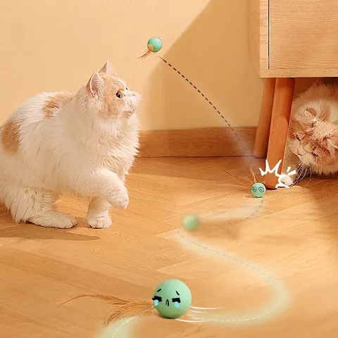 Interactieve Kattenbal Met Natuurlijke Veer Siliconen Elastisch Stuiterend Kitten Spel Jacht Beetbestendig Stil Binnenshuis