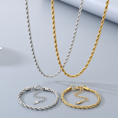Ensemble Collier Et Bracelet Chaîne Torsadée En Acier Inoxydable Bijoux Style Hip Hop Punk Pour Hommes Femmes