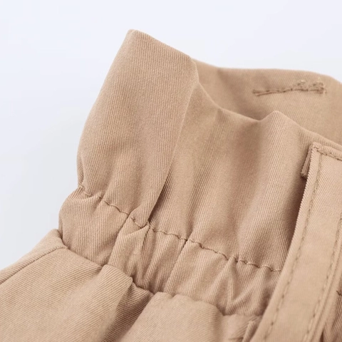 Pantalones Cortos Globo Mujer Cintura Alta Caqui Banda Elástica Bolsillos Con Cremallera Casual Línea A