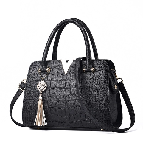 Sac À Main Femme Motif Crocodile Cuir PU Grande Capacité Sac À Épaule Bandoulière Avec Gland Décor V-Métal Élégant