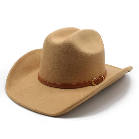 Chapeau De Cow-Boy Western Feutre Laine Large Bord Style Rétro Avec Boucle De Ceinture En Cuir Extérieur