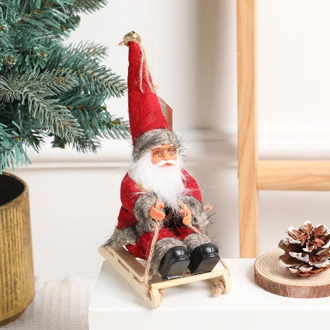 Santa Claus Sleigh Desktop Ornament Wooden Base Fabric Figurine Christmas Tree Hanging Pendant Festive Holiday Decor Doll