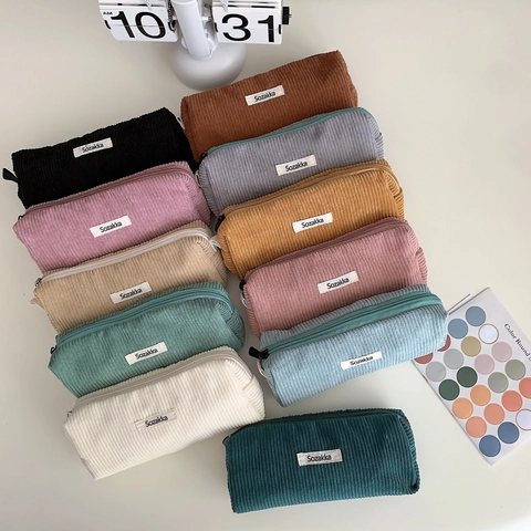 Vintage Corduroy Pencil Case Solid Color Minimalist Stationery Bag Multi-functional Zippered Organizer For Students And Office