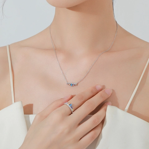 S925 Sterling Silver Multicolored Zirconia Jewelry Set Geometric Rectangle Crystal Pendant Necklace Rainbow Band Ring For Women