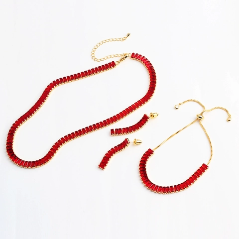 Gold Plated Copper Necklace Bracelet Earrings Colorful Rectangular Zircon Emerald Cut Fashion Jewelry For Women Commuting