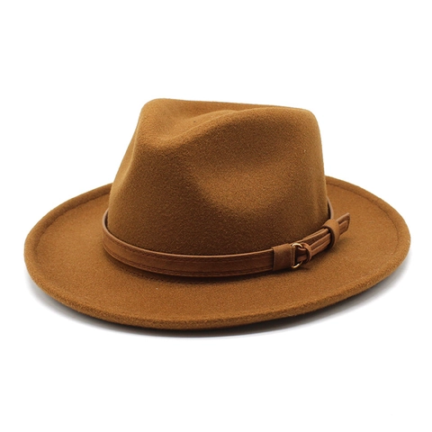 Classic Fedora Hat Wool Felt Wide Brim Decorative Belt Gold Buckle Retro British Jazz Style For Men And Women