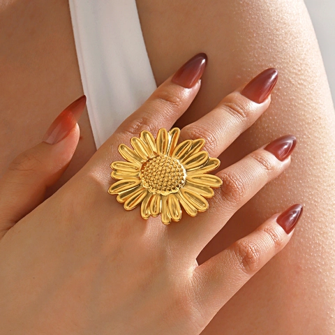 Anello Girasole Esagerato Oversize Per Donna In Acciaio Inossidabile Placcato Oro 18K Gioielli Di Moda Floreale Margherita
