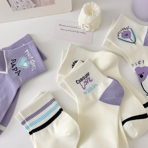 Women Cotton Mid Calf Crew Socks Purple White Sporty Casual Heart Floral Letter Printed Breathable Elastic