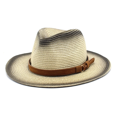 Strohoed Fedora Gradiënt Zonbescherming Strand Zomer Buiten Vintage Ademend Met Leren Band Metalen Gesp Mannen Vrouwen