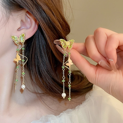 Vlinder Lange Kwastje Oorbellen Met Zirkoon Kunstparel En Zilveren Oorstokje Elegante Groene Koperen Sieraden Voor Dames