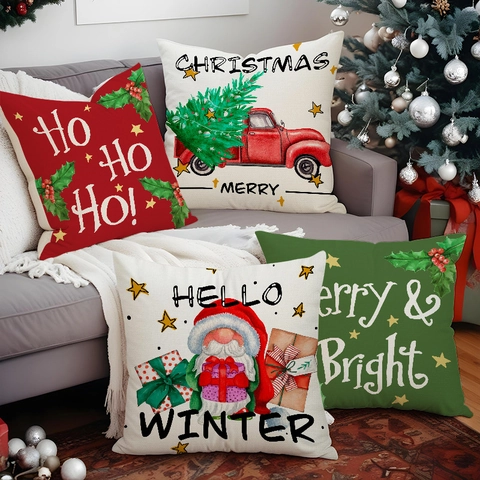 Fundas De Cojín Navideñas Mezcla De Lino Fundas Decorativas Camión Rojo Gnomo Copo De Nieve Para Sofá Sofá Decoración Hogar
