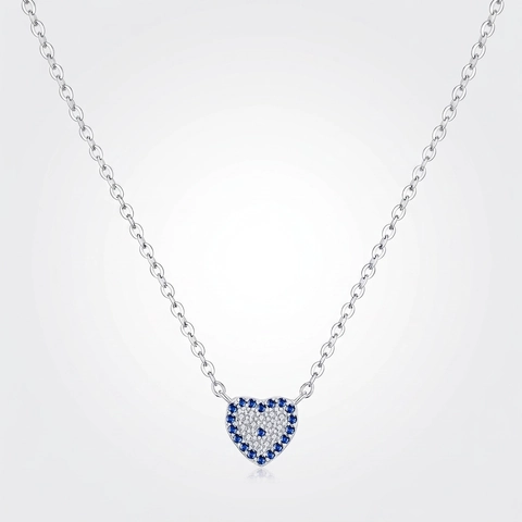 Heart Pendant Necklace 925 Sterling Silver With Blue White Cubic Zirconia Evil Eye Style Dainty Jewelry For Women