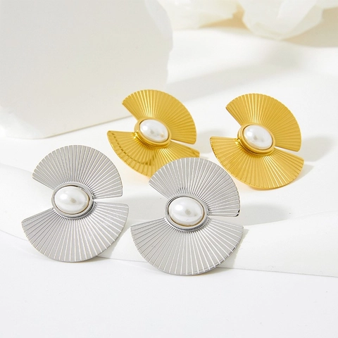 Orecchini A Lobo A Forma Di Ventaglio Acciaio Inossidabile Con Perla Artificial Vintage Geometrico Texture Stile Francese Per Donne